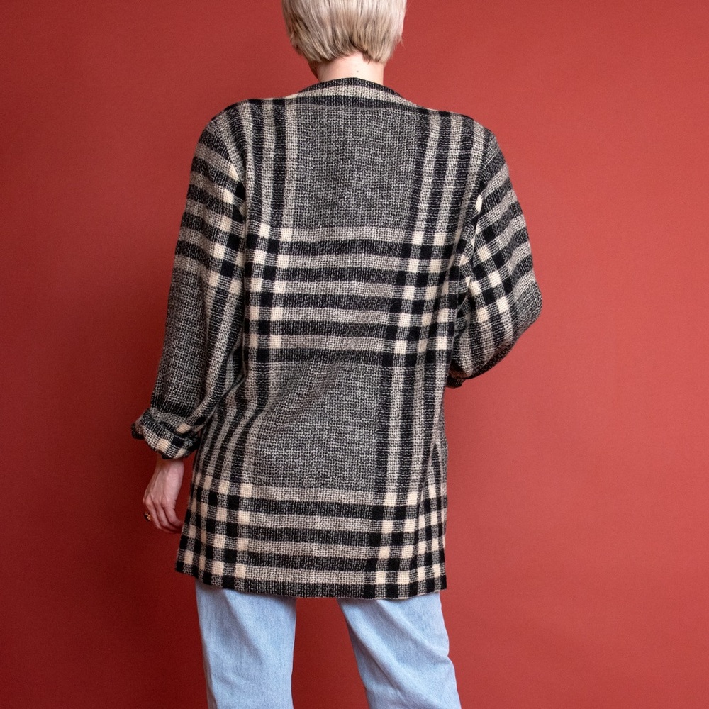 Vintage 80s black white plaid striped wool blazer - Picture 6 of 7